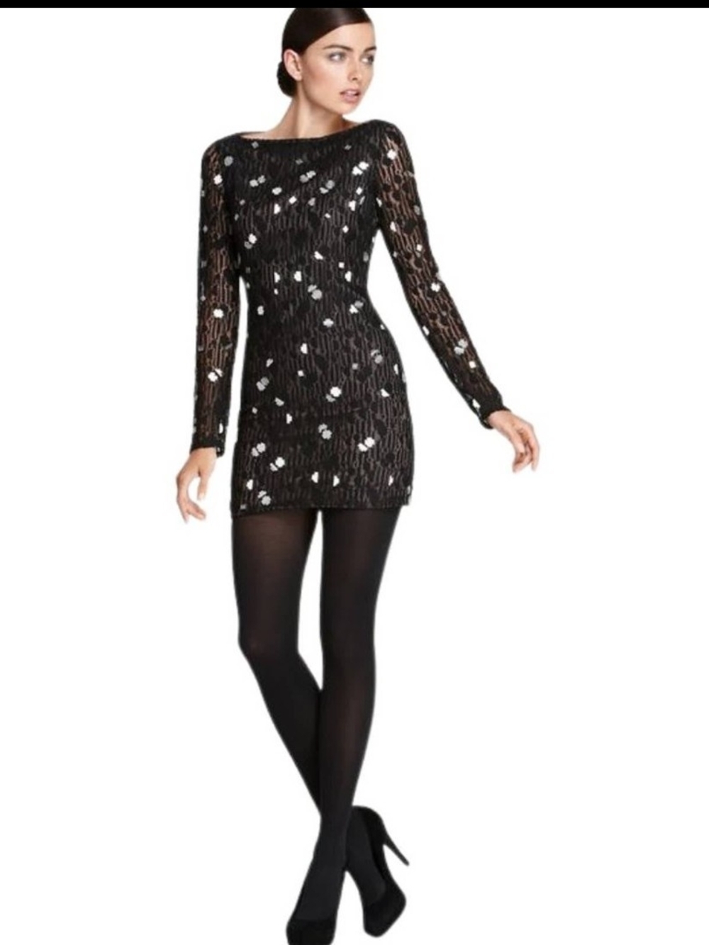 Diane Von Furstenberg Black Sequin-Embellished Long-Sleeve Mini Dress